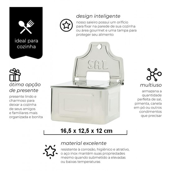 Saleiro 12cm Largura Por 16,5cm Altura de Cozinha ou Parede Fixo em Aço Inox